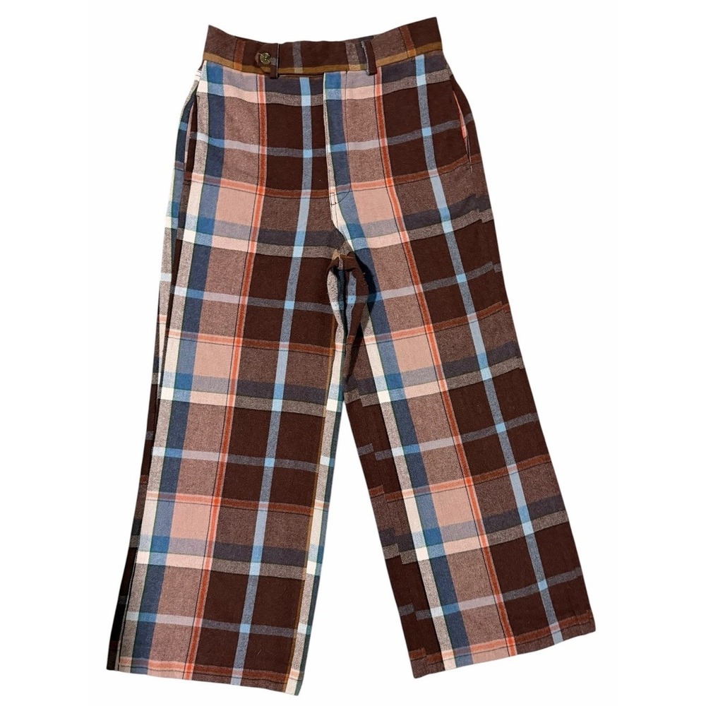 Urban Outfitters Wide Leg Brown Plaid Pants High Waisted Preppy Hippie Women's 8